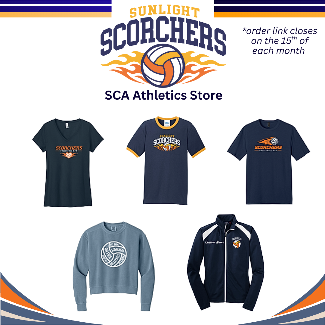 Sunlight Scorchers SCA Athletics Store graphic featuring tees, a sweatshirt, and a zip jacket. The order link closes on the 15th of each month.